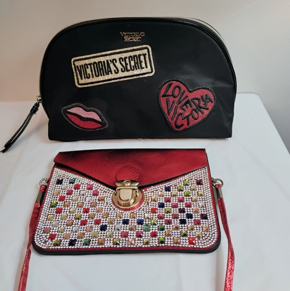 Victoria's Secret Black Cosmetic Bag with Heart and Lip Patches